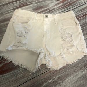 O2 denim distressed white cut off shorts